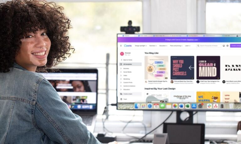 Pessoa usando Canva no computador para criar artes para negócios