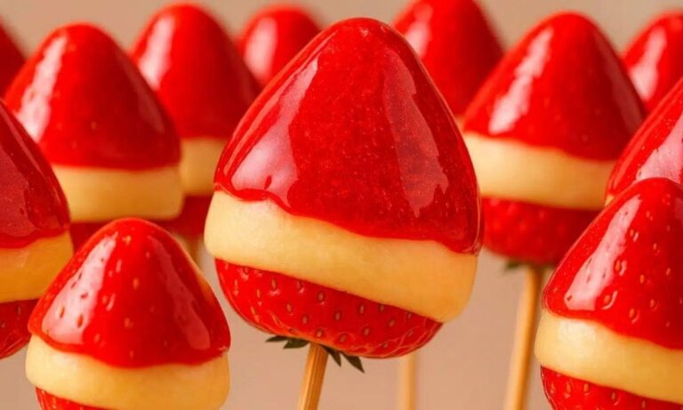 Morango do amor gourmet no palito com recheio branco e calda vermelha
