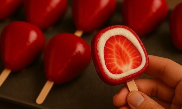 Morango do amor gourmet no palito com recheio branco e calda vermelha